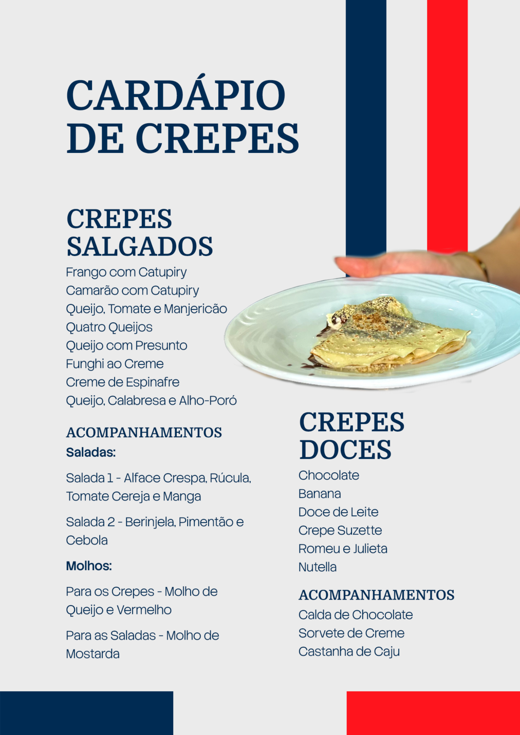 Cardápio de crepes salgados, doces e acompanhamentos